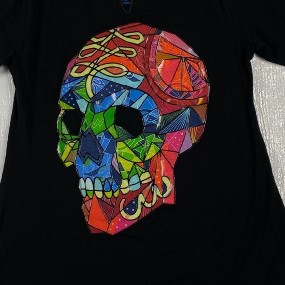 Ay Guey Shirt Women Small Tunic Skull Graphic Stretch Black 3/4 Sleeve Colourful - Picture 3 of 8